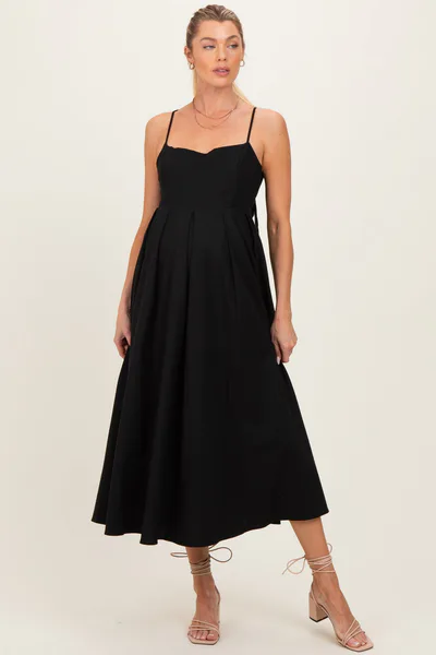PinkBlush Black Linen Sleeveless Tie Back Flared Maternity Midi Dress