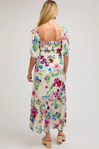 PinkBlush Ivory Floral Front Button Accent Maternity Maxi Dress