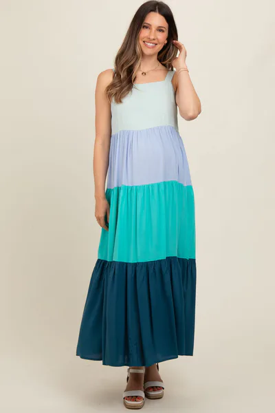 PinkBlush Blue Tiered Colorblock Maternity Maxi Dress