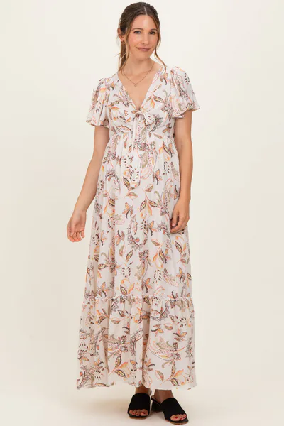 PinkBlush Beige Vintage Floral Short Sleeve V-Neck Tiered Maternity Maxi Dress