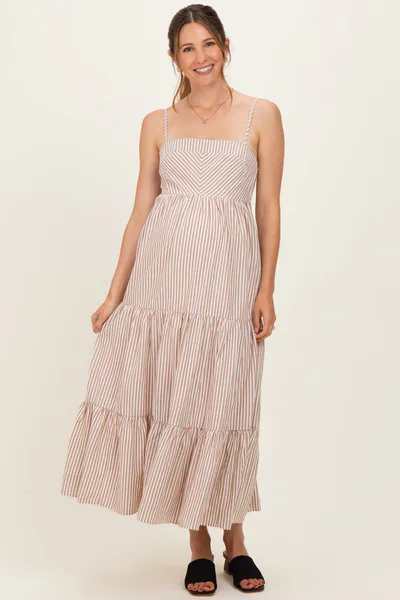 PinkBlush Light Taupe Diagonal Stripe Front Tier Maternity Dress