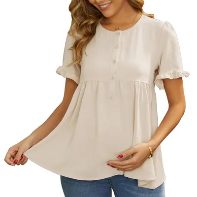 Target INSPIRE CHIC Women's Maternity Casual Round Neck Ruffle Sleeve Button Up T-Shirts Babydoll Loose Fit Peplum Tops Large Apricot