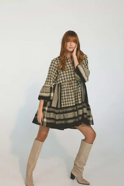 For The Creators Julia Dress Dogtooth Black Cream