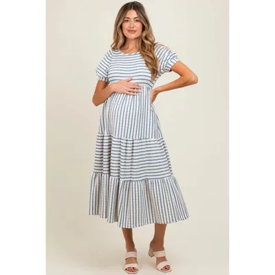 Target Pinkblush Cream/Blue Striped Short Sleeve Tiered Maternity Maxi Dress Small
