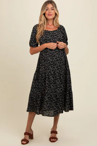 PinkBlush Black Micro Floral Maternity Midi Dress