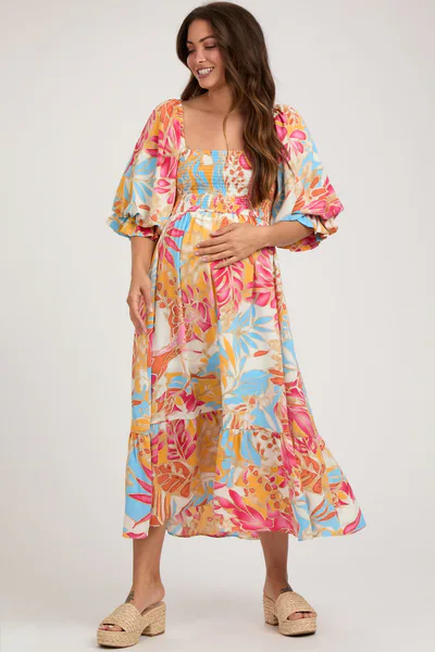PinkBlush Fuchsia Leaf Print Puff Sleeve Smocked Maternity Midi Dress