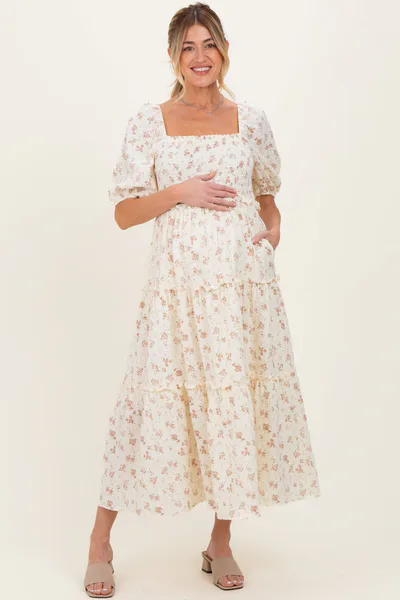 PinkBlush Ivory Rose Floral Smocked Maternity Maxi Dress