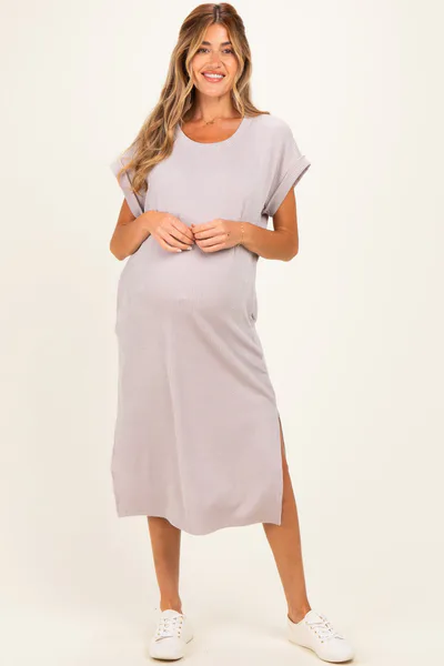 PinkBlush Beige Short Sleeve Ribbed Maternity Maxi Dress