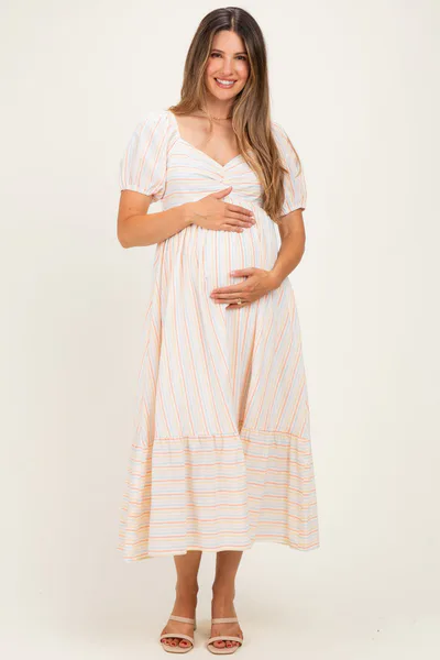 PinkBlush Orange Stripe Sweetheart Neckline Maternity Midi Dress