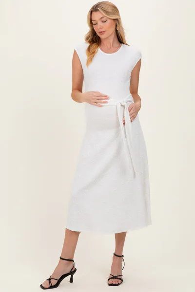 PinkBlush White Jacquard Waist Tie Maternity Midi Dress