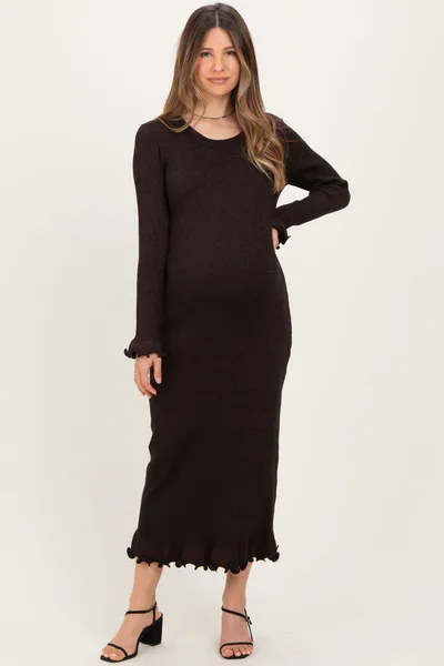 PinkBlush Black Shimmer Lettuce Edge Maternity Midi Dress