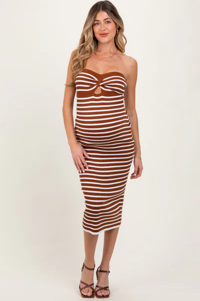PinkBlush Camel Striped Knit Strapless Maternity Midi Dress