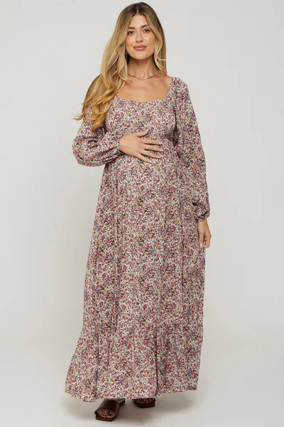 PinkBlush Mauve Floral Long Sleeve Maternity Maxi Dress