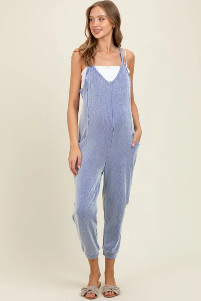 PinkBlush Royal Blue Ribbed Sleeveless Maternity Jumpsuit