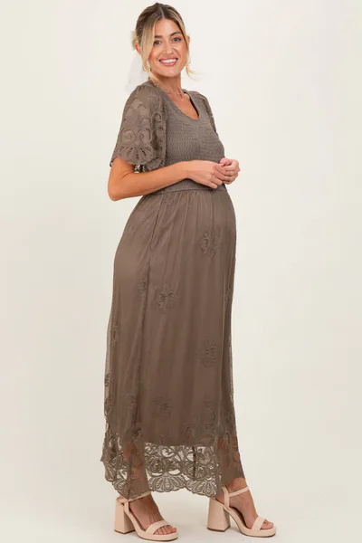 PinkBlush Olive Smocked Lace Detail Maternity Midi Dress