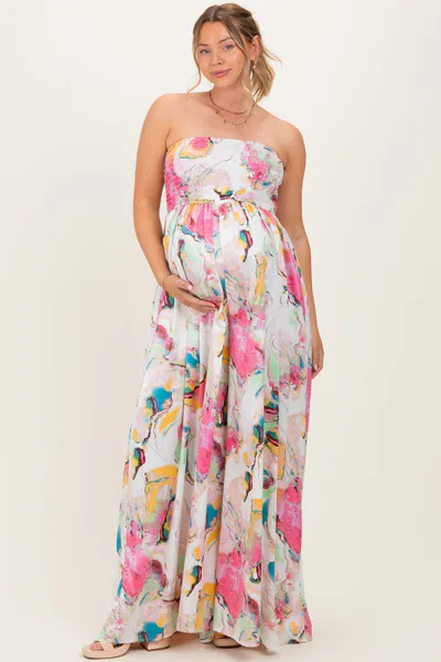 PinkBlush Multi Butter Satin Marble Print Smocked Tube Wide Leg Maternity Jumpsuit