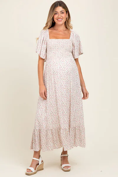 PinkBlush Cream Multi Ditsy Floral Smocked Maternity Midi Dress