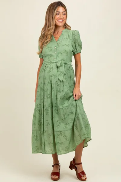 PinkBlush Green Floral Button Front Tiered Maternity Midi Dress