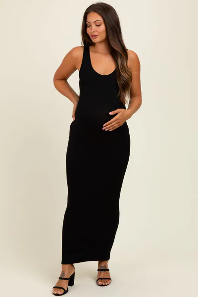 PinkBlush Black Scoop Neck Sleeveless Rayon Rib Maternity Maxi Knit Dress