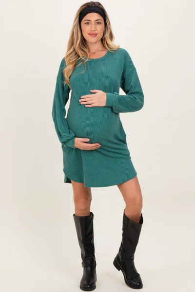 PinkBlush Forest Green Rib Knit Long Sleeve Maternity Dress