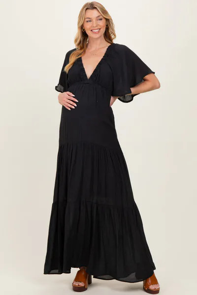 PinkBlush Black Flutter Sleeve Maternity Maxi Dress