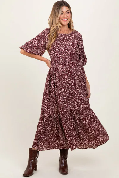 PinkBlush Burgundy Floral Puffed Short Sleeve Maternity Maxi Dress