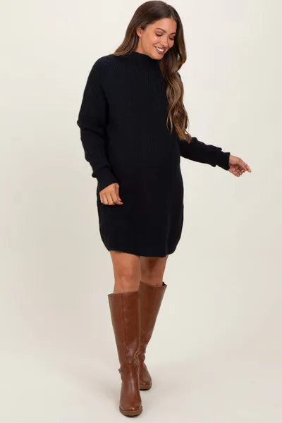 PinkBlush Black Mock Neck Maternity Mini Sweater Dress