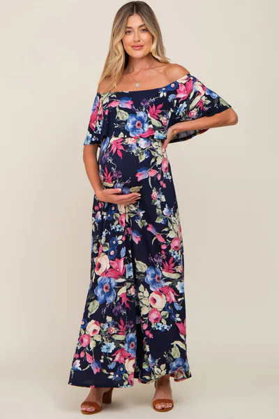 PinkBlush Navy Floral Off Shoulder Flounce Maternity Maxi Dress
