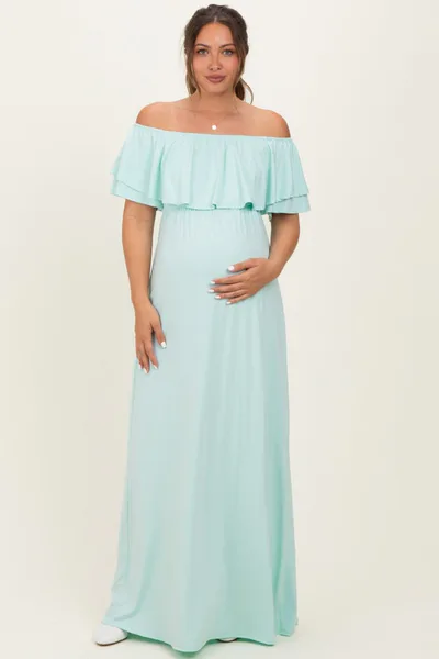 PinkBlush Mint Ruffle Off Shoulder Maternity Maxi Dress