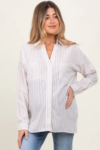 PinkBlush Beige Striped Double Pocket Maternity Button Down Top