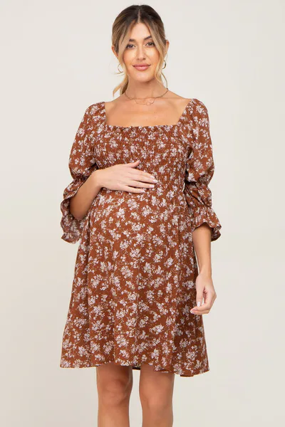 PinkBlush Brown Floral Ruffle Sleeve Smocked Maternity Dress