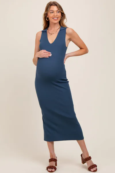 PinkBlush Blue Knit Collared Deep V-Neck Maternity Maxi Dress