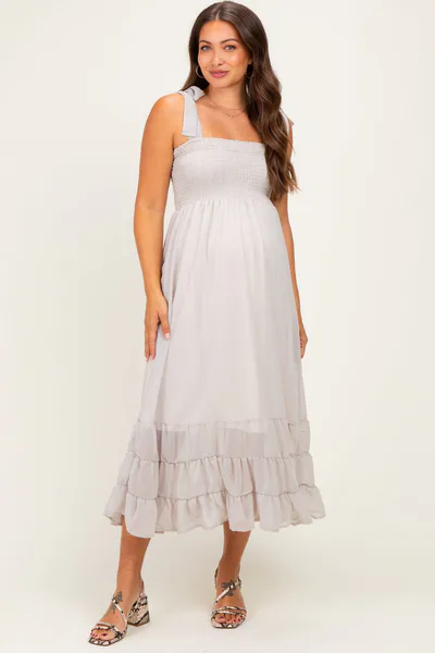 PinkBlush Stone Smocked Shoulder Tie Maternity Maxi Dress