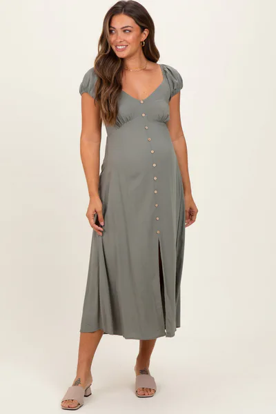 PinkBlush Olive Button Accent Front Slit Maternity Midi Dress