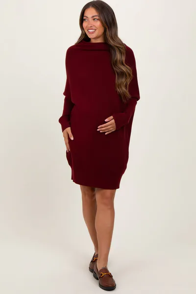 PinkBlush Burgundy Funnel Neck Dolman Sleeve Maternity Mini Dress