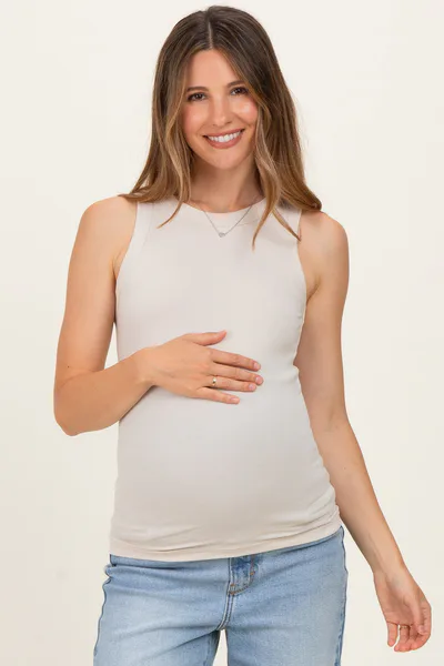 PinkBlush Sand Beige Ribbed High Neck Maternity Tank Top