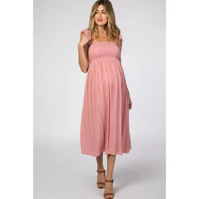 Target PinkBlush Pink Smocked Tie Strap Maternity Midi Dress Pink Small