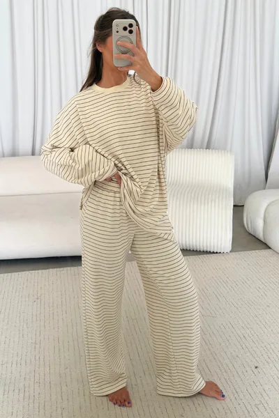 Worth Collective Campbell Striped Fleece Lounge Pants in Cream/Brown (Dark Maroon) *9/30 PRE-ORDER*