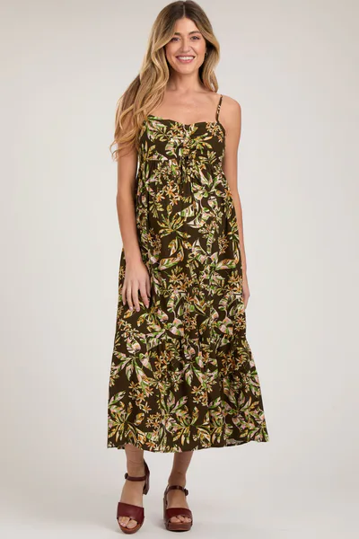 PinkBlush Brown Floral Sleeveless Front Cinched Maternity Midi Dress