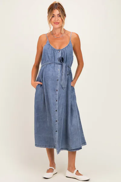 PinkBlush Denim Button Down Maternity Midi Dress