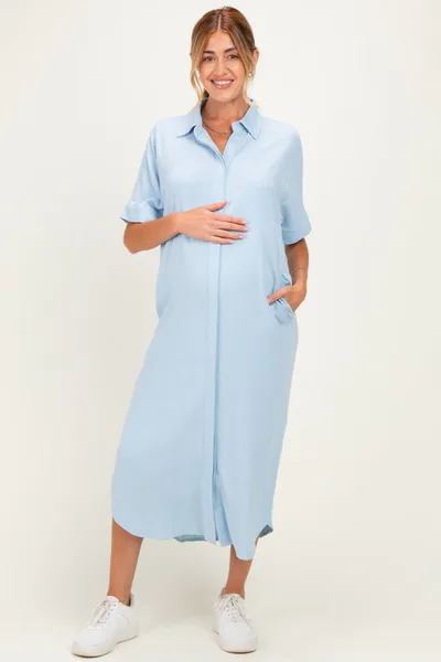 PinkBlush Light Blue Button Down Maternity Midi Shirt Dress