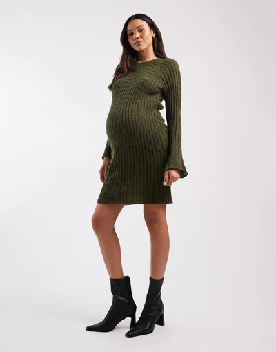 ASOS Mamalicious Maternity soft knit ribbed bell sleeve mini dress in khaki melange