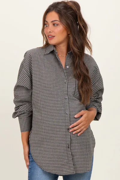 PinkBlush Ivory Plaid Linen Blend Maternity Button Down Shirt