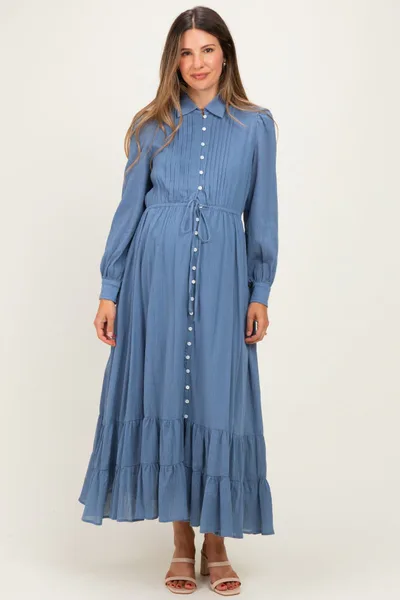 PinkBlush Blue Pleated Front Button Down Maternity Maxi Dress