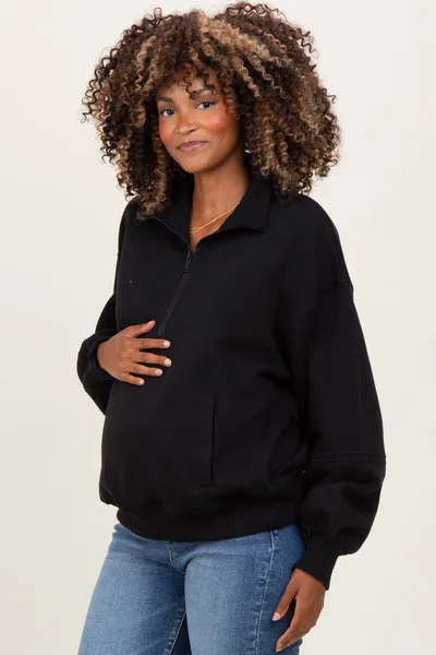 PinkBlush Black French Terry Quarter Zip Maternity Pullover