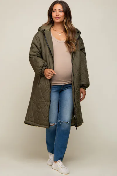 PinkBlush Olive Quilted Long Maternity Puffer Jacket