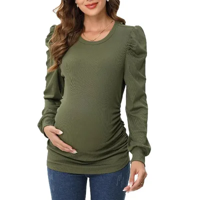 Target Clearlove Women’s Maternity Puff Sleeve Top Long Sleeve Round Neck Stretchy Ruched Side Pregnancy Shirt Army Green XXL