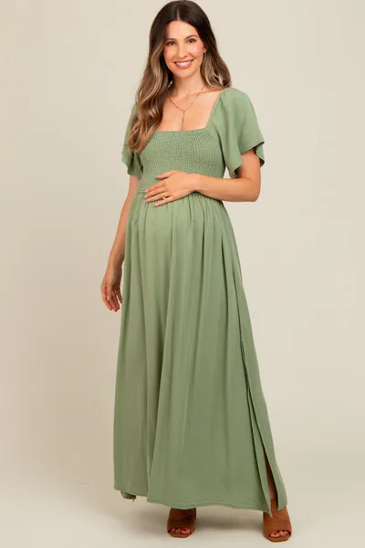 PinkBlush Light Olive Chambray Smocked Maternity Maxi Dress