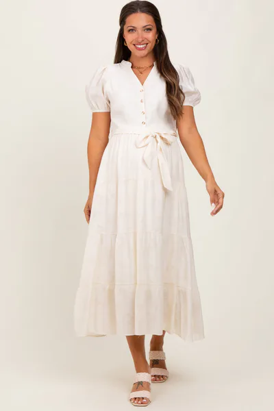 PinkBlush Cream Split Neckline Tiered Maternity Midi Dress