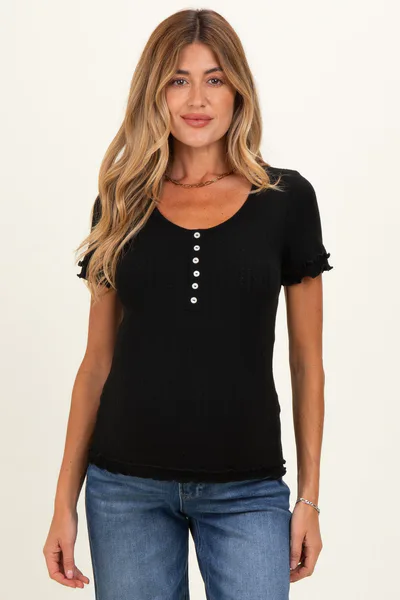 PinkBlush Black Ruffle Trim Pointelle Knit Maternity Henley Top